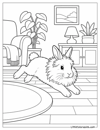 Lionhead Rabbit Binkying Across a Living Room Floor Coloring Page