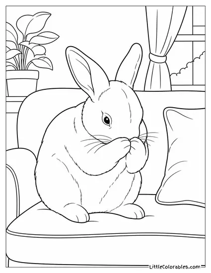 Mini-Rex Rabbit Grooming Its Face with Both Front Paws on a Sofa Coloring Page