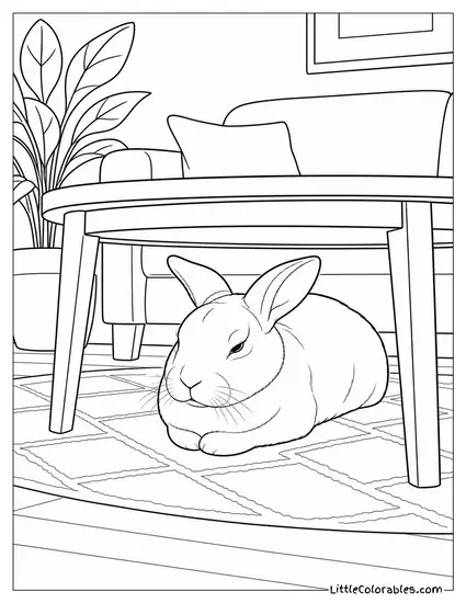 Mini-Rex Rabbit Loafed Under a Coffee Table with Eyes Half Closed Coloring Page