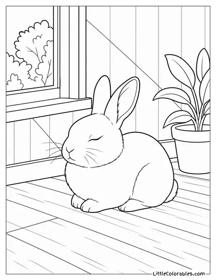Mini-Rex Rabbit Sitting in a Sunbeam on a Wooden Floor with Eyes Closed Coloring Page
