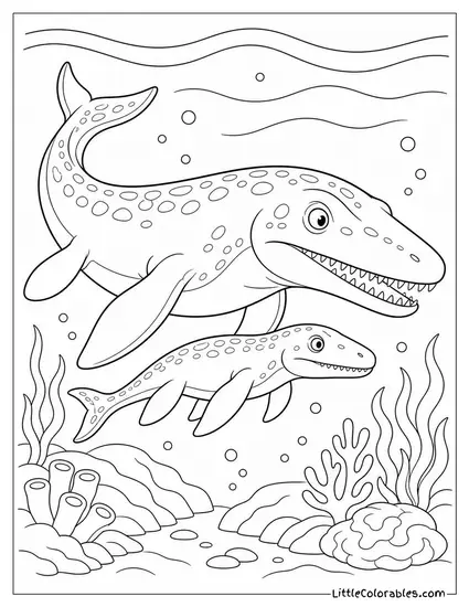 Mosasaurus Baby Swimming Close to a Much Larger Parent Coloring Page