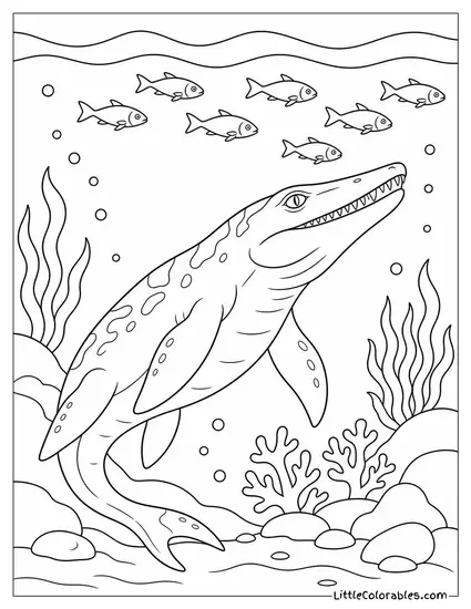 Mosasaurus Blending into Dark Water Watching Prey from Below Coloring Page