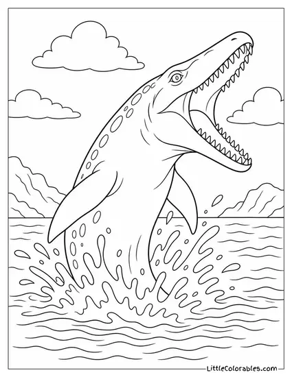 Mosasaurus Breaching the Surface with Jaws Wide Open Coloring Page