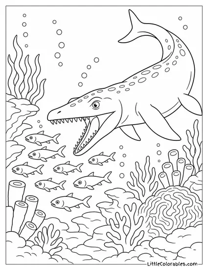 Mosasaurus Chasing a School of Prehistoric Fish Through a Reef Coloring Page
