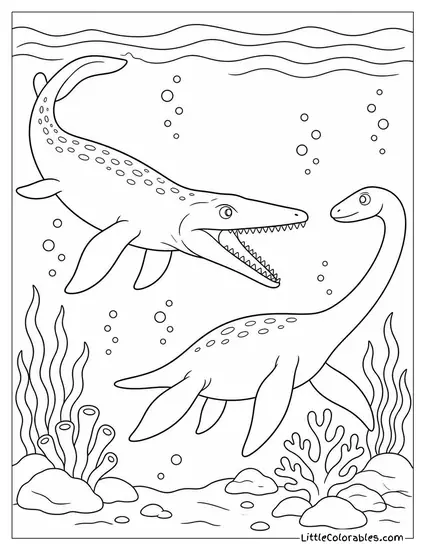 Mosasaurus Crossing Paths with a Plesiosaur in Open Ocean Coloring Page
