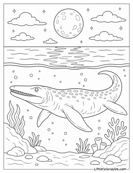Mosasaurus Drifting Near the Surface Under a Full Moon Reflection Coloring Page