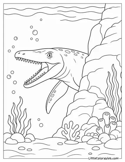 Mosasaurus Emerging from Behind a Towering Underwater Rock Formation Coloring Page