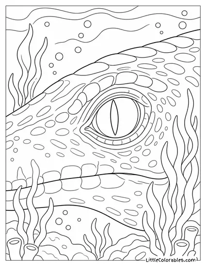 Mosasaurus Eye Close-Up Peering Through Dark Water Coloring Page