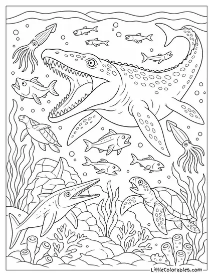 Mosasaurus Feeding Frenzy Amid a Mass of Prehistoric Sea Life Coloring Page