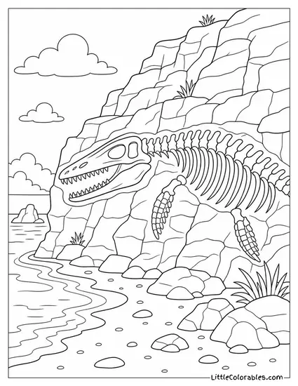 Mosasaurus Fossil Partially Exposed in Cliff Face Above a Beach Coloring Page