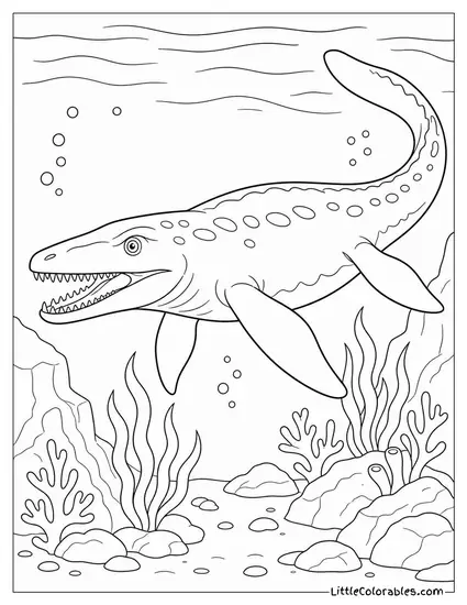 Mosasaurus Gliding Silently Through Dark Deep Ocean Water Coloring Page