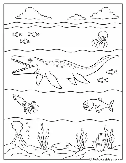 Mosasaurus in a Cross-Section Showing the Deep Ocean Layers Around It Coloring Page