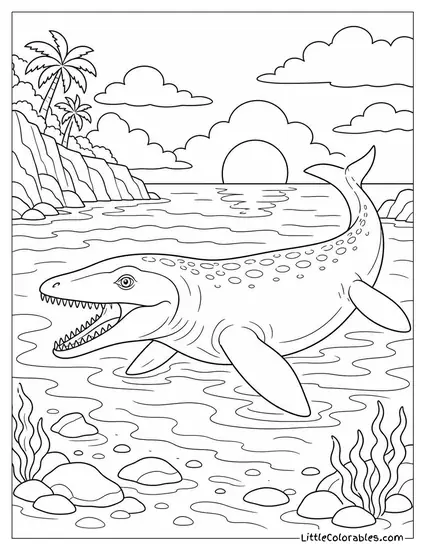 Mosasaurus in Shallow Coastal Waters at Golden Hour Coloring Page