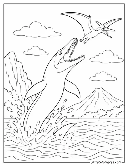 Mosasaurus Leaping Clear of the Water to Catch a Flying Pterosaur Coloring Page