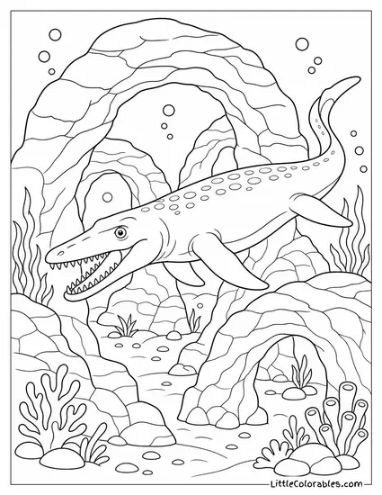 Mosasaurus Navigating Through a Maze of Underwater Rock Arches Coloring Page