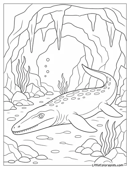 Mosasaurus Resting Motionless in a Dark Underwater Cavern Coloring Page