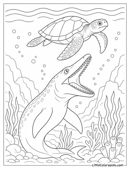 Mosasaurus Rising from the Depths Below a Prehistoric Sea Turtle Coloring Page