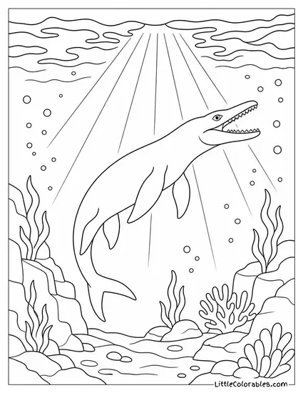Mosasaurus Silhouetted Beneath a Ray of Sunlight Piercing Deep Water Coloring Page