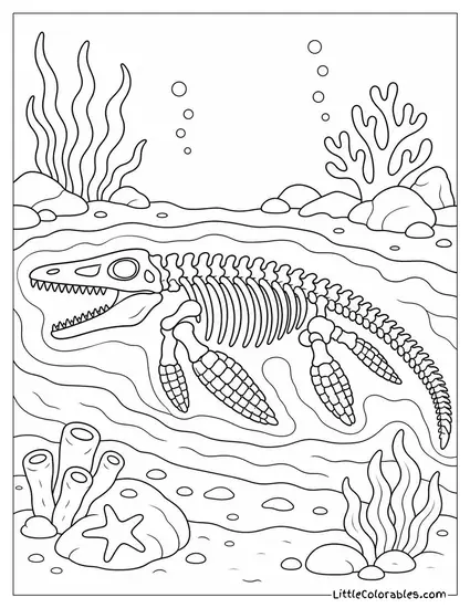 Mosasaurus Skeleton Embedded in Ancient Seafloor Sediment Coloring Page