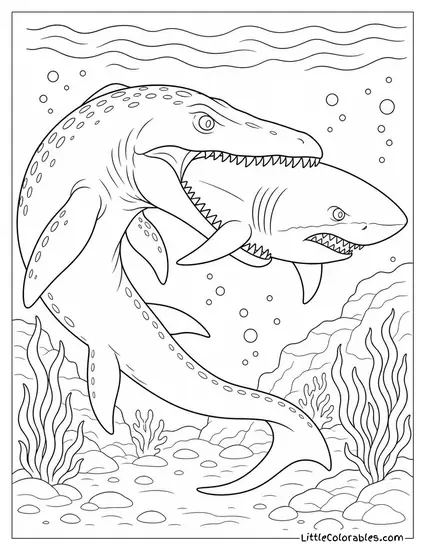 Mosasaurus Snapping Its Jaws Shut Around a Large Prehistoric Shark Coloring Page