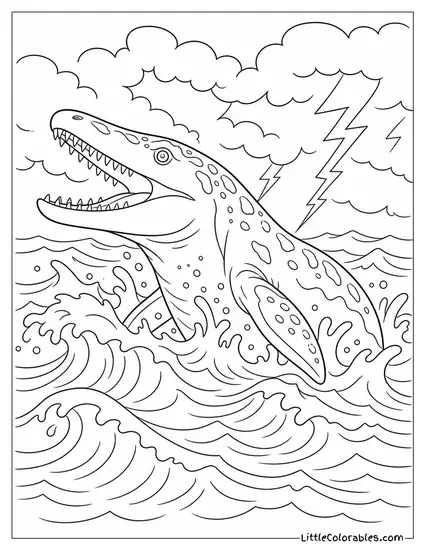 Mosasaurus Surfacing in a Stormy Sea with Waves Crashing Around It Coloring Page