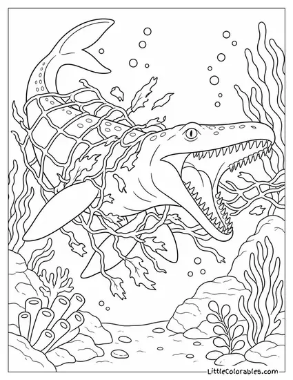 Mosasaurus Tearing Through a Net of Seaweed While Hunting Coloring Page