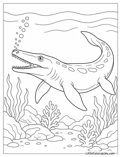 Mosasaurus with a Trail of Bubbles Rising from Its Nostrils Coloring Page