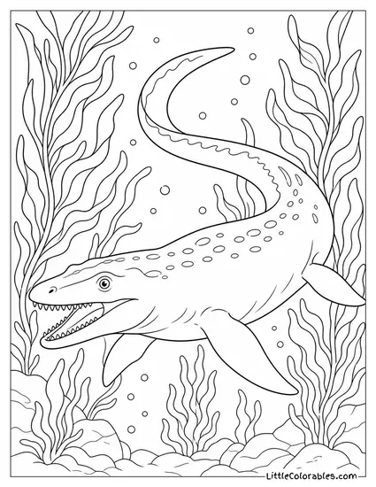 Mosasaurus with Its Long Tail Sweeping Through a Kelp Forest Coloring Page