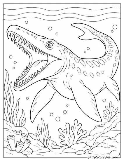 Mosasaurus with Jaws Open Wide Showing Rows of Conical Teeth Coloring Page