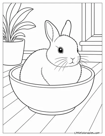 Netherland Dwarf Rabbit Sitting in a Ceramic Bowl It Claims as a Bed Coloring Page