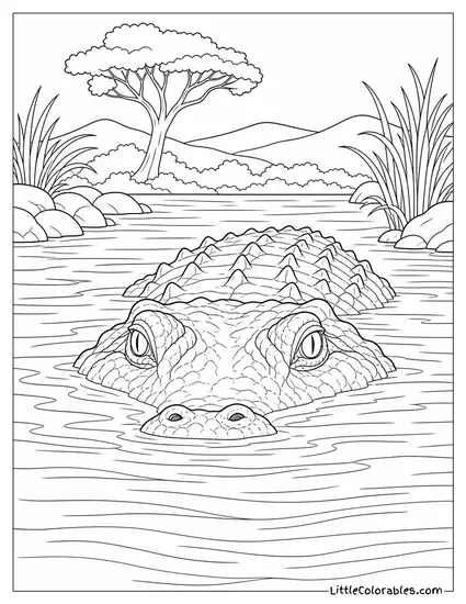 Nile Crocodile Floating Motionless with Eyes Just Above the Waterline Coloring Page