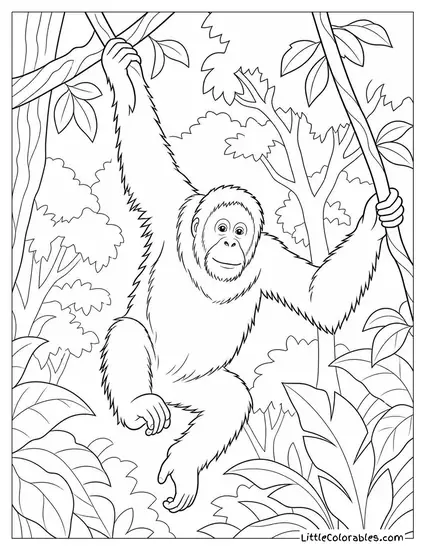 Orangutan Swinging Through a Borneo Rainforest Canopy Coloring Page