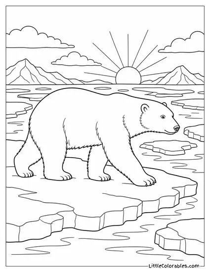 Polar Bear Walking Across Sea Ice in the Arctic at Dawn Coloring Page