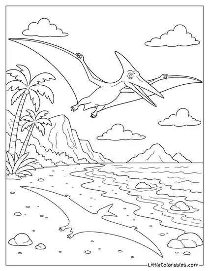 Pterodactyl Casting a Wide Shadow Across a Prehistoric Beach Coloring Page
