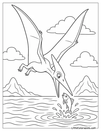 Pterodactyl Diving Steeply Toward the Ocean Surface to Catch a Fish Coloring Page