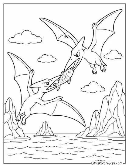 Pterodactyl Fighting Over a Fish with Another Pterodactyl in Mid-Air Coloring Page