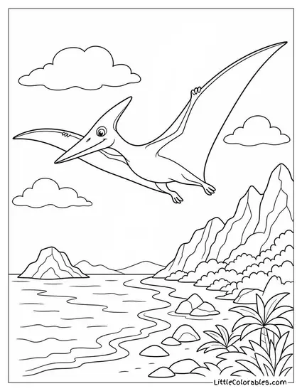 Pterodactyl Gliding on a Thermal Above a Prehistoric Coastline Coloring Page