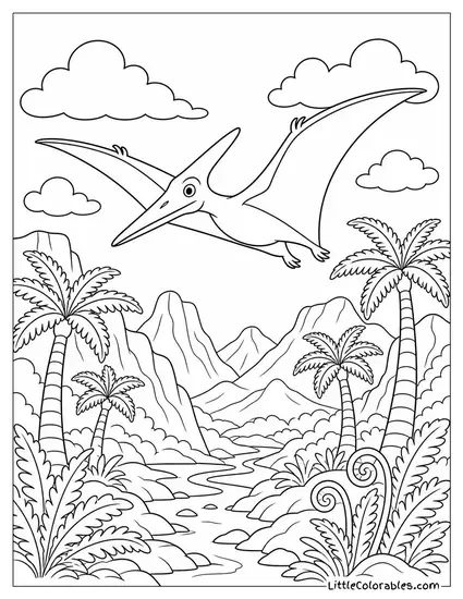 Pterodactyl Gliding Through a Valley Lined with Ancient Fern Trees Coloring Page