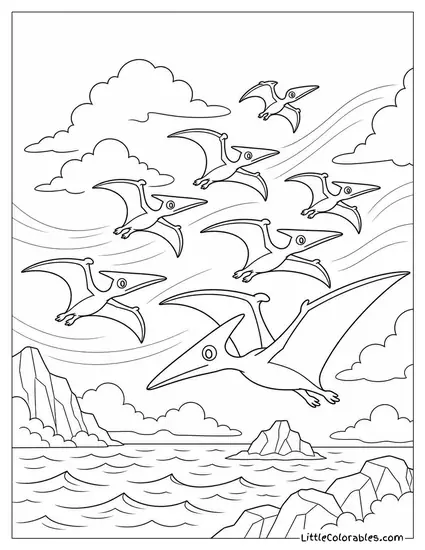 Pterodactyl in a Tight Flock Riding a Wind Current Over the Sea Coloring Page