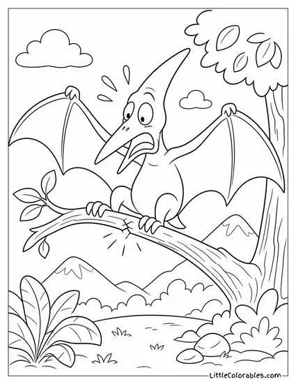 Pterodactyl Landing Awkwardly on a Branch That Bends Under Its Weight Coloring Page