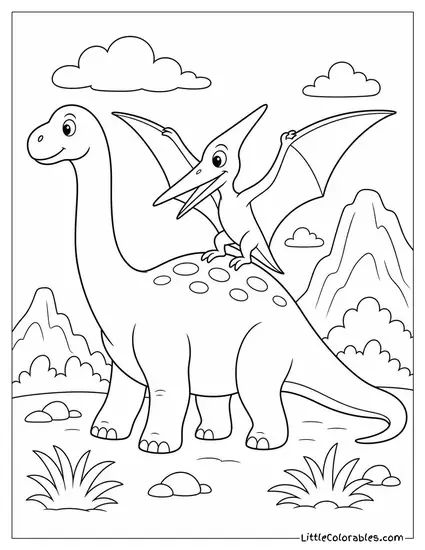 Pterodactyl Landing on the Back of a Slow-Moving Brachiosaurus Coloring Page