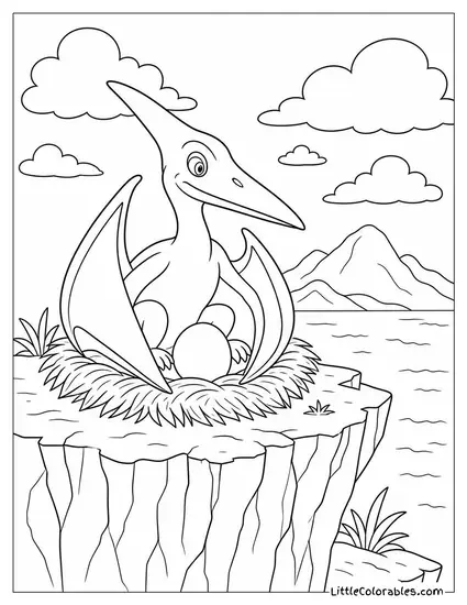 Pterodactyl Nesting on a High Cliff Edge with a Single Egg Coloring Page