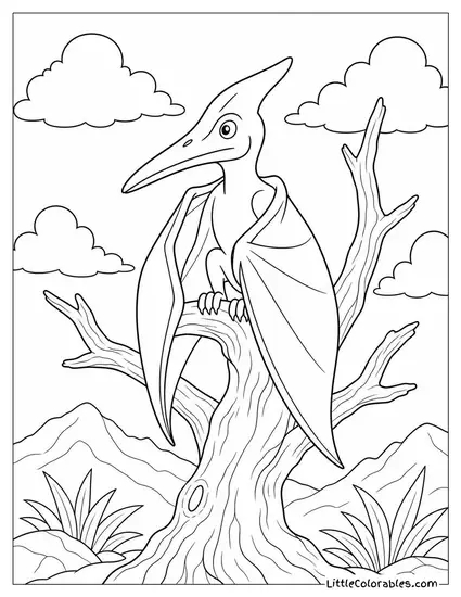 Pterodactyl Perched on a Dead Tree with Wings Draped Like a Cape Coloring Page