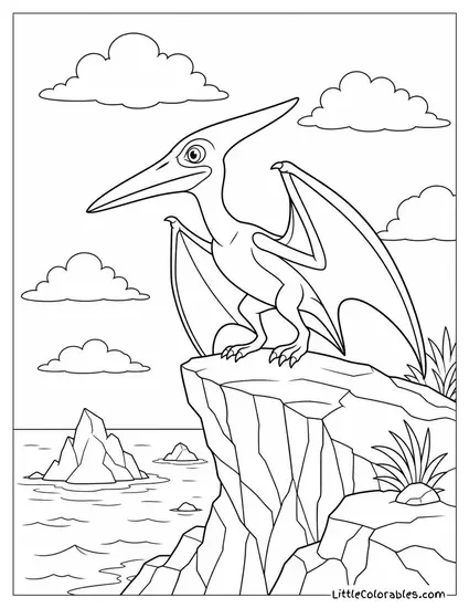 Pterodactyl Perched on a Rocky Sea Cliff with Wings Half-Folded Coloring Page