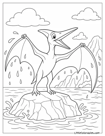 Pterodactyl Shaking Water Off Its Wings After a Diving Catch Coloring Page