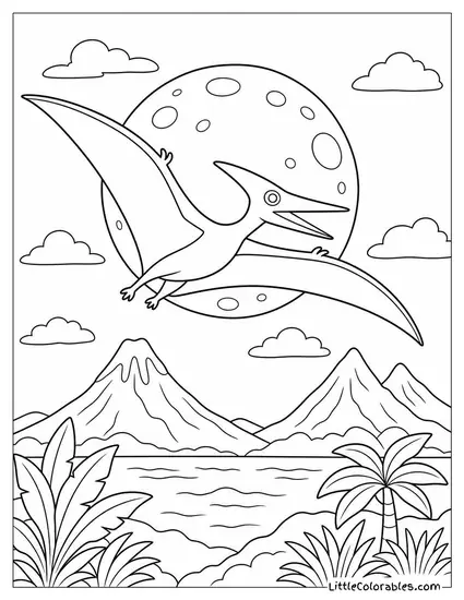 Pterodactyl Silhouetted Against a Full Prehistoric Moon Coloring Page