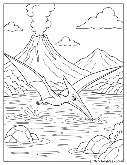 Pterodactyl Skimming Low Above a Volcanic Lake Coloring Page