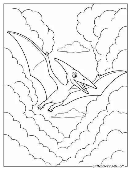 Pterodactyl Soaring Through a Gap in Towering Storm Clouds Coloring Page