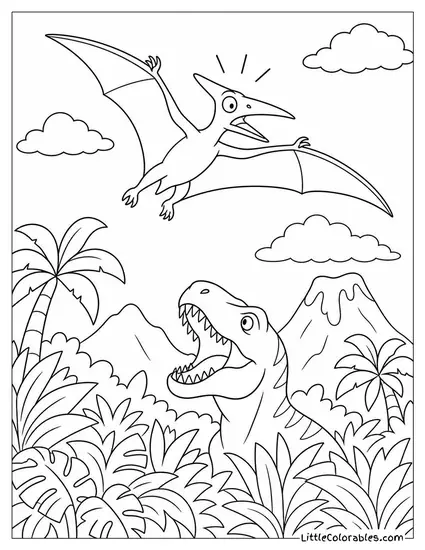Pterodactyl Startled Into Flight by a Roar Rising from the Jungle Below Coloring Page
