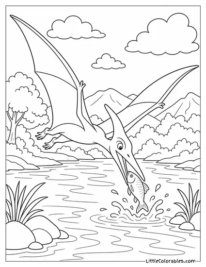 Pterodactyl Swooping Low Over a River to Pluck a Fish Coloring Page
